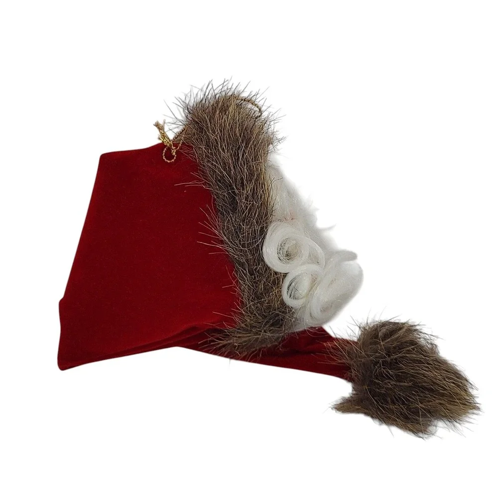 Vintage Santa Claus Head Ornament with Lush Beard Long Velvet Hat Faux Fur Hangs